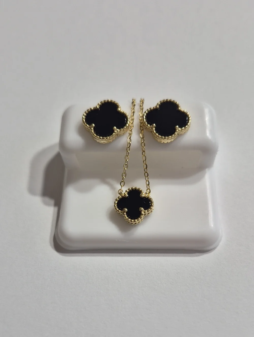 Gold Black Clover Pendant Necklace and Stud Earrings Set - Picture 1 of 4